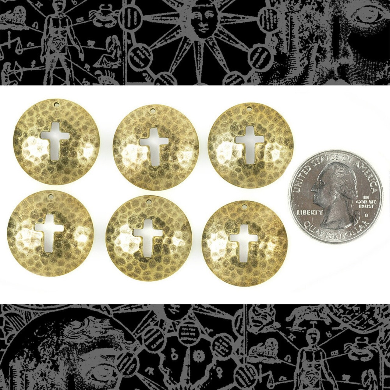 Hammered Disc with Cross Cut-Out Charms - Antiqued Brass - Set of Six - AB-C82